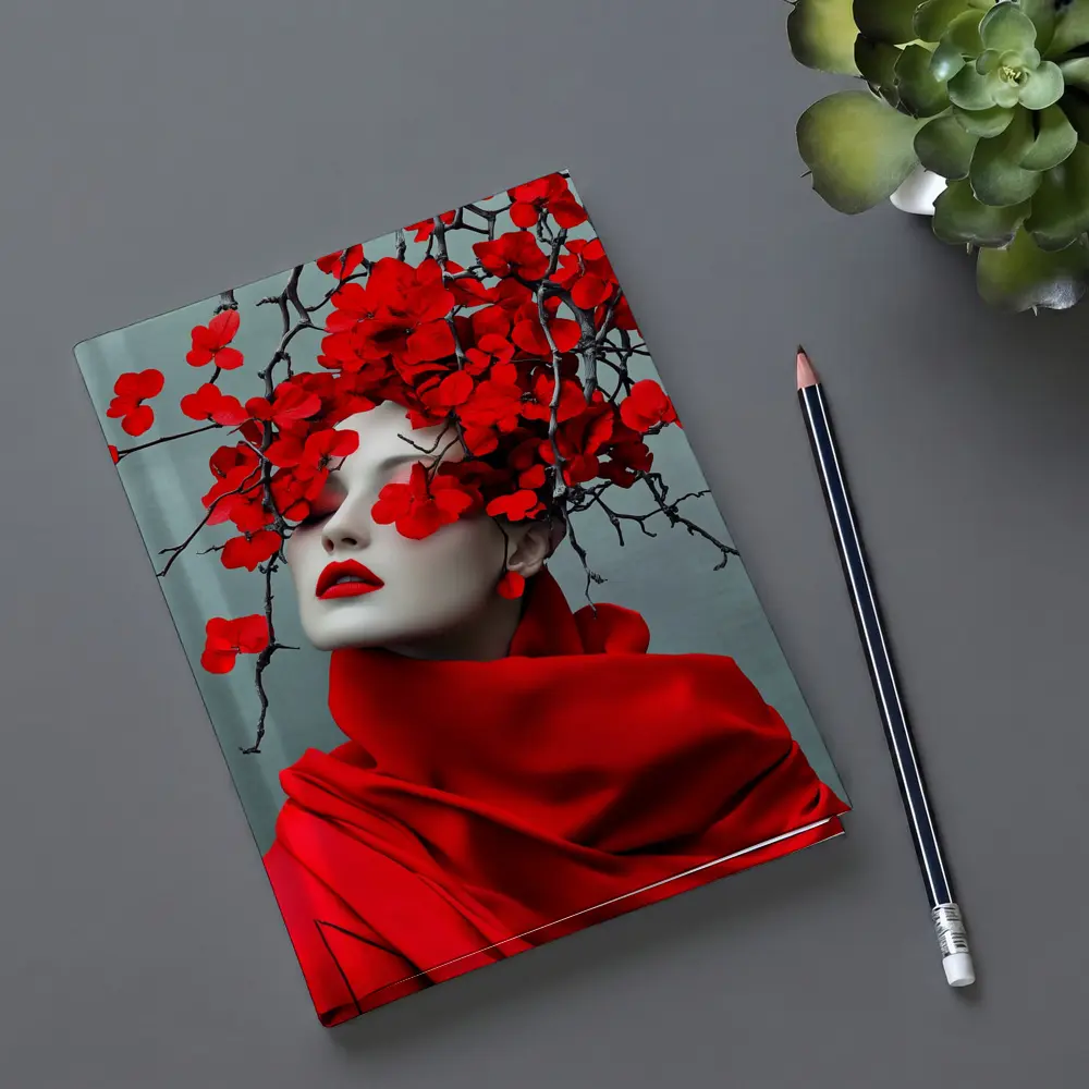Woman Red Flowers Dark Branches Gray Background – Notebooks