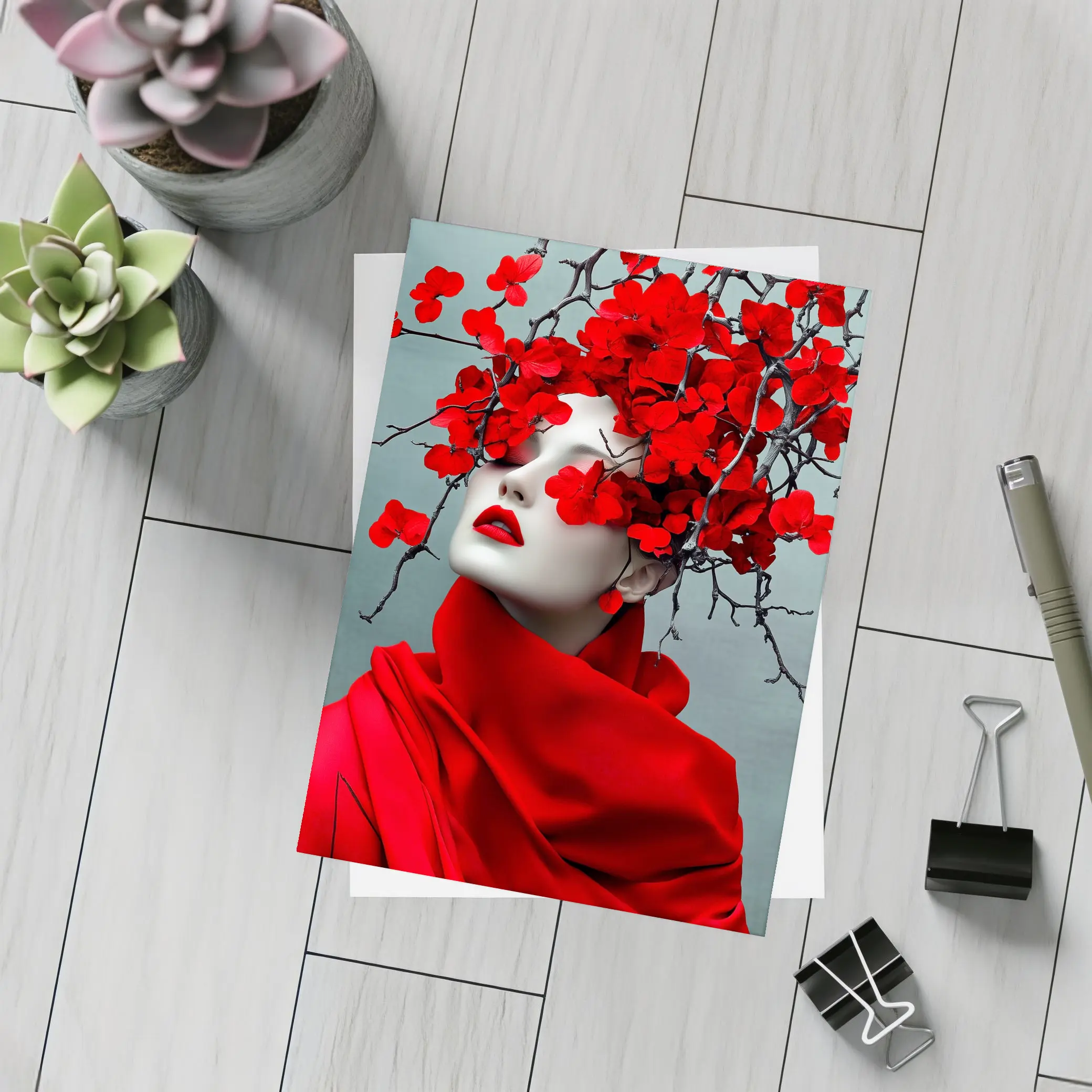 Woman Red Flowers Dark Branches Gray Background – Postcards