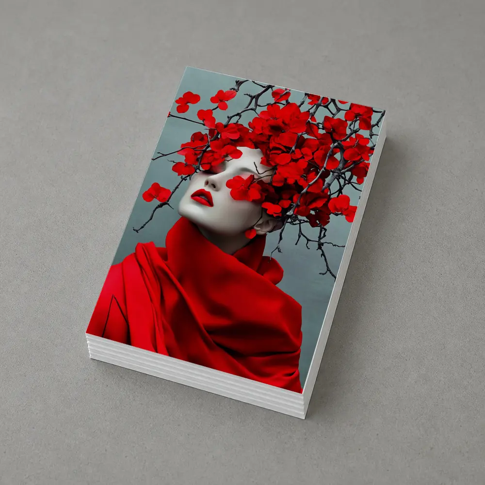Woman Red Flowers Dark Branches Gray Background – Postcards