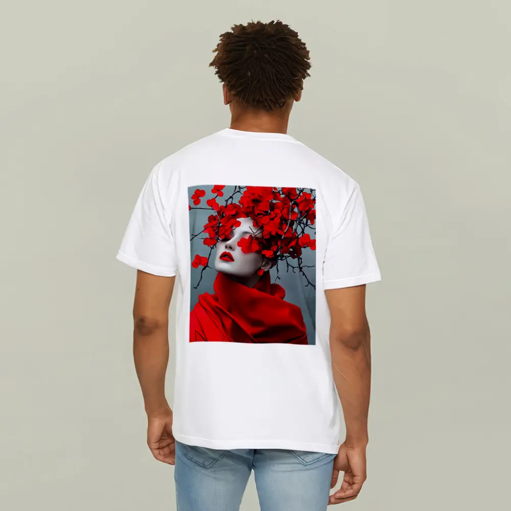 Woman Red Flowers Dark Branches Gray Background – T-Shirts