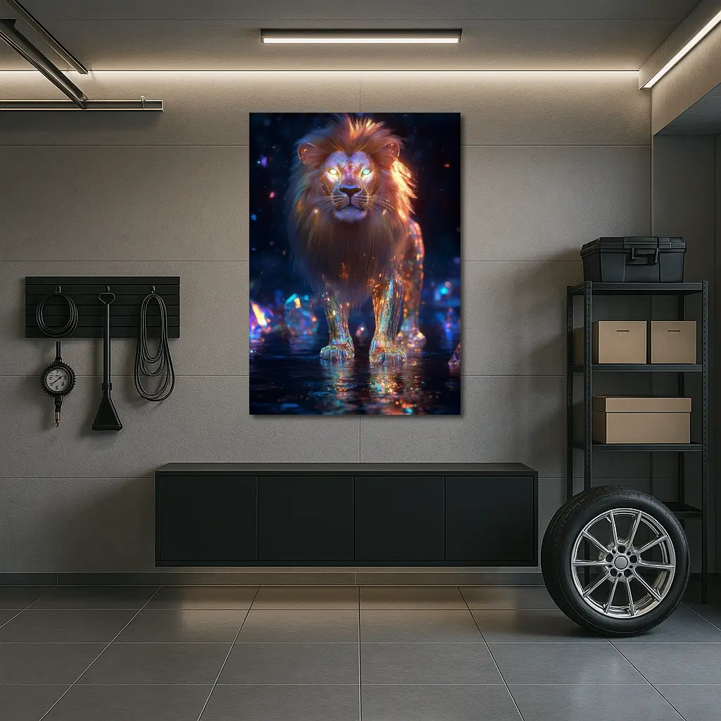 Glowing Crystal Lion Neon Dark Fantasy – Wall Art