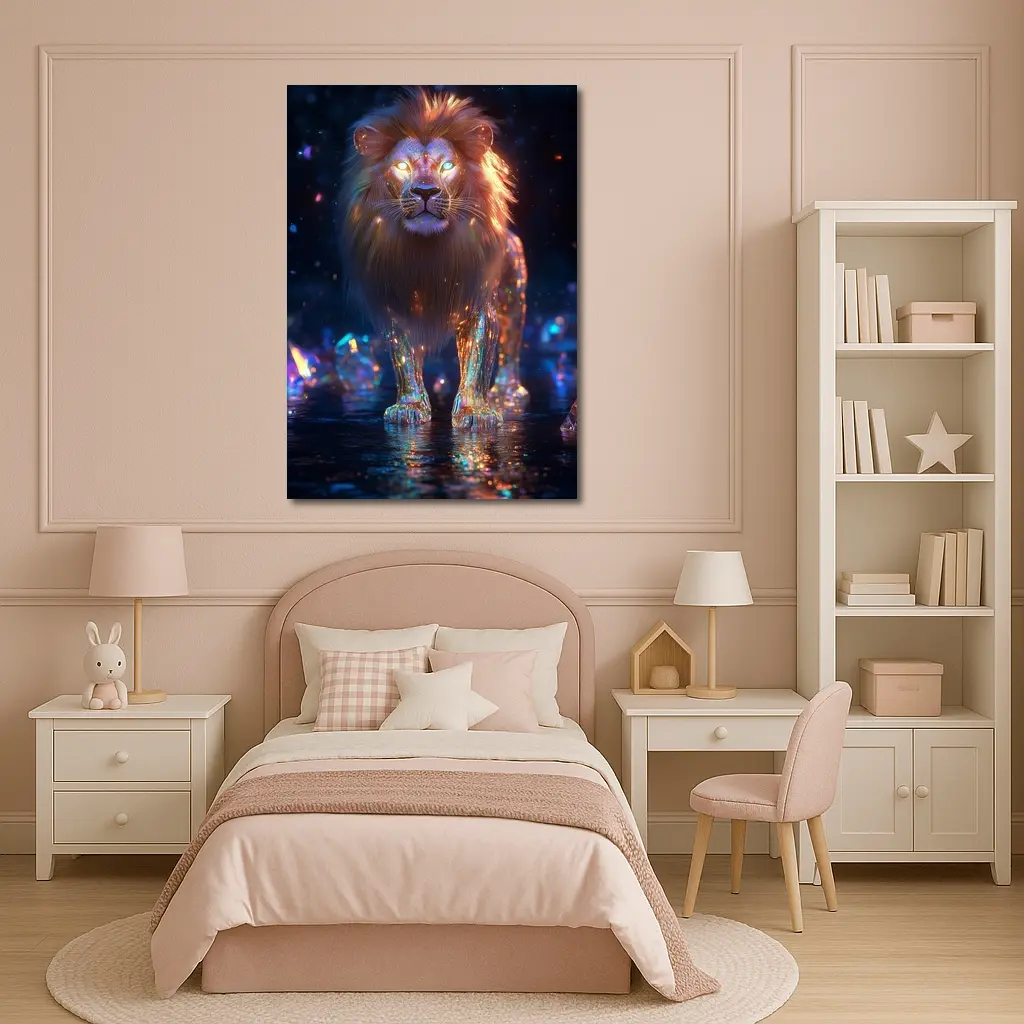 Glowing Crystal Lion Neon Dark Fantasy – Wall Art