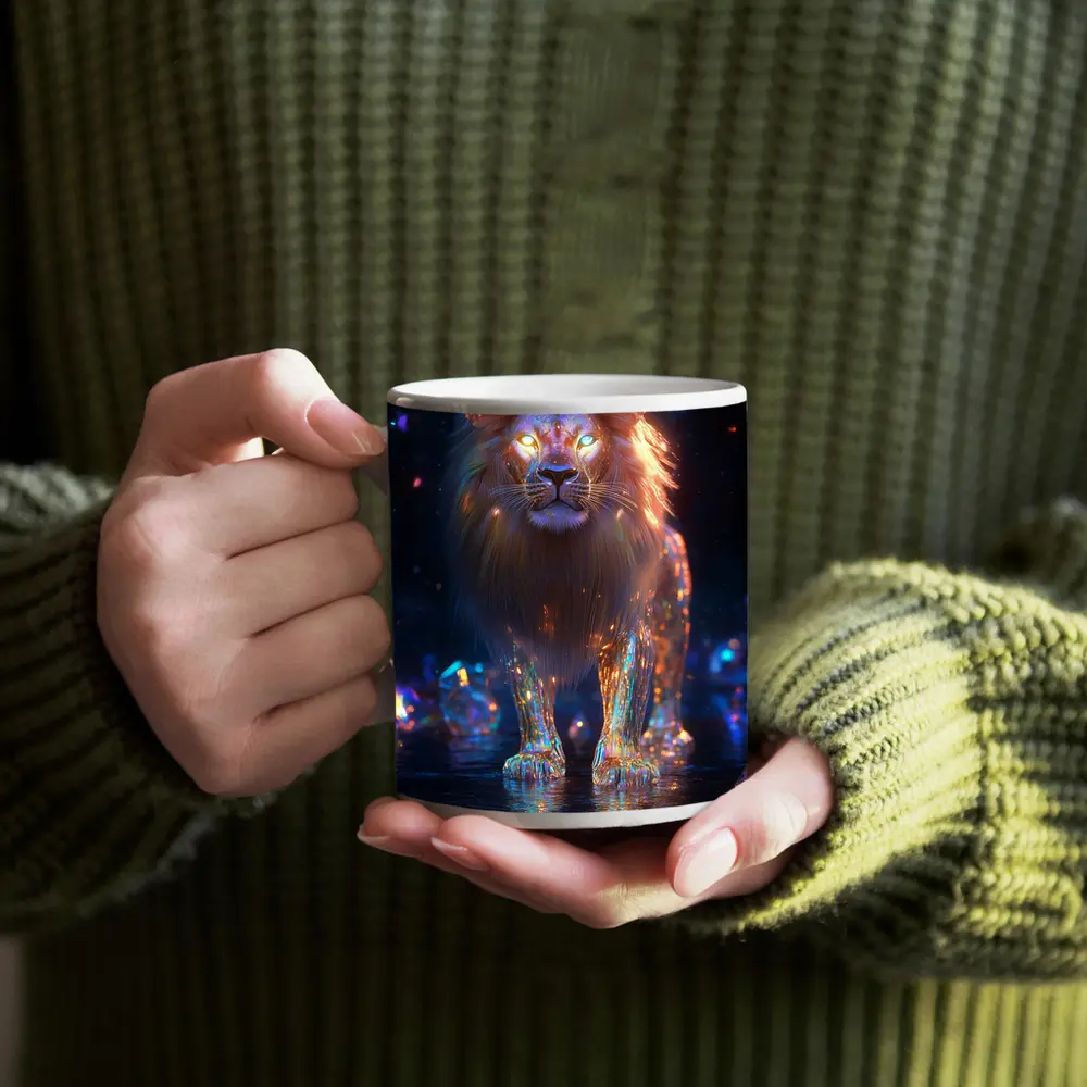 Glowing Crystal Lion Neon Dark Fantasy – Mugs