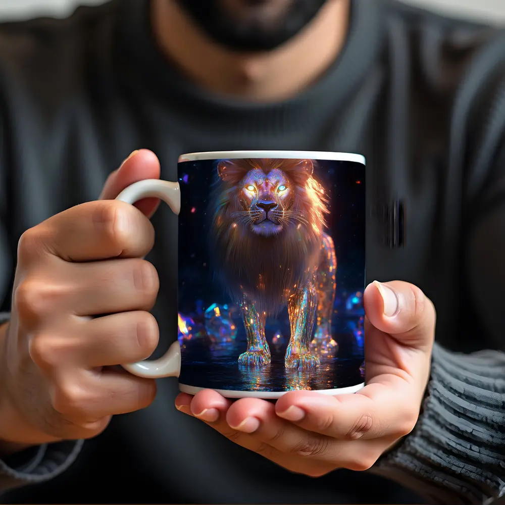 Glowing Crystal Lion Neon Dark Fantasy – Mugs