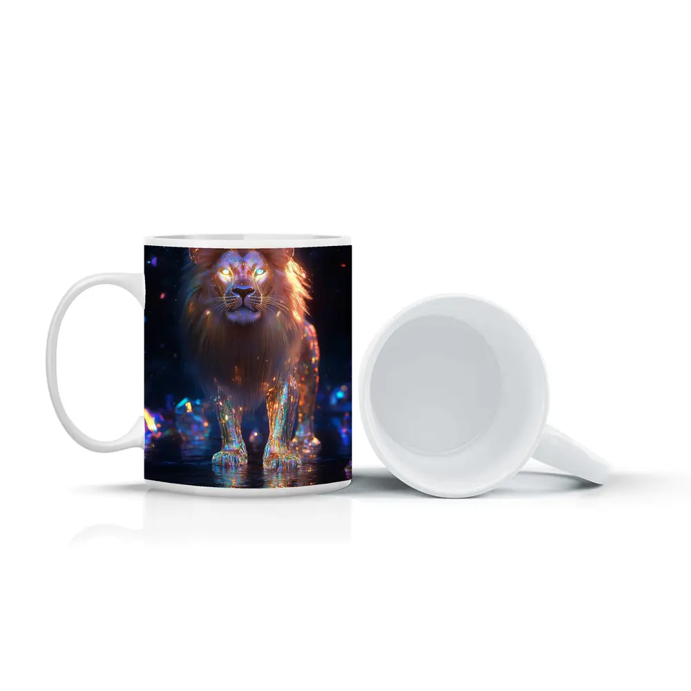 Glowing Crystal Lion Neon Dark Fantasy – Mugs