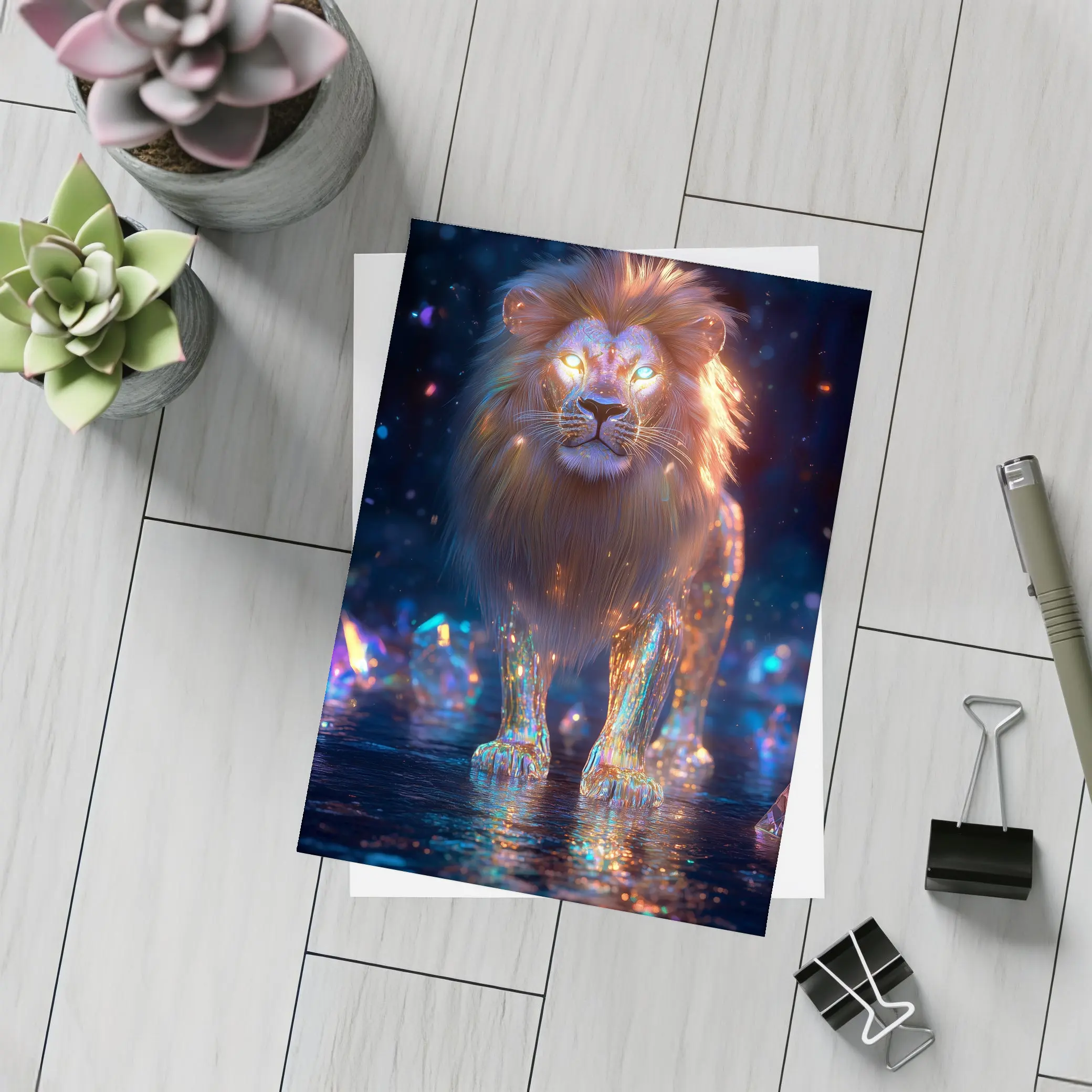 Glowing Crystal Lion Neon Dark Fantasy – Postcards