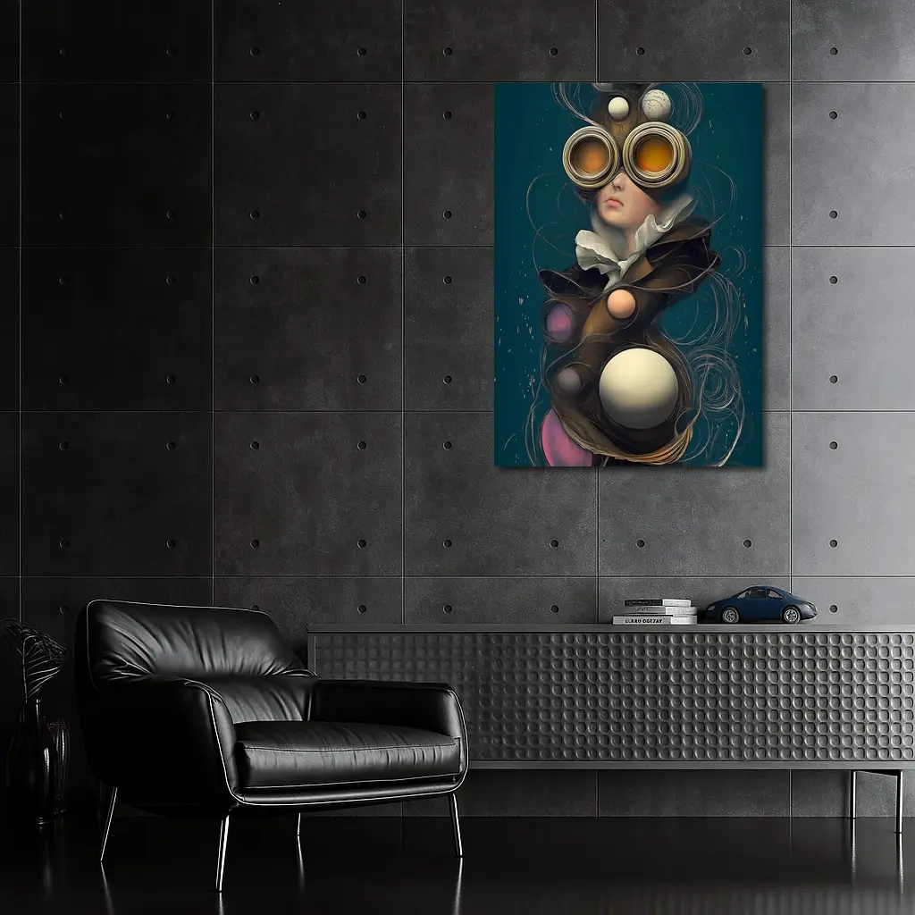 Surreal Woman Steampunk Goggles Teal Background – Wall Art