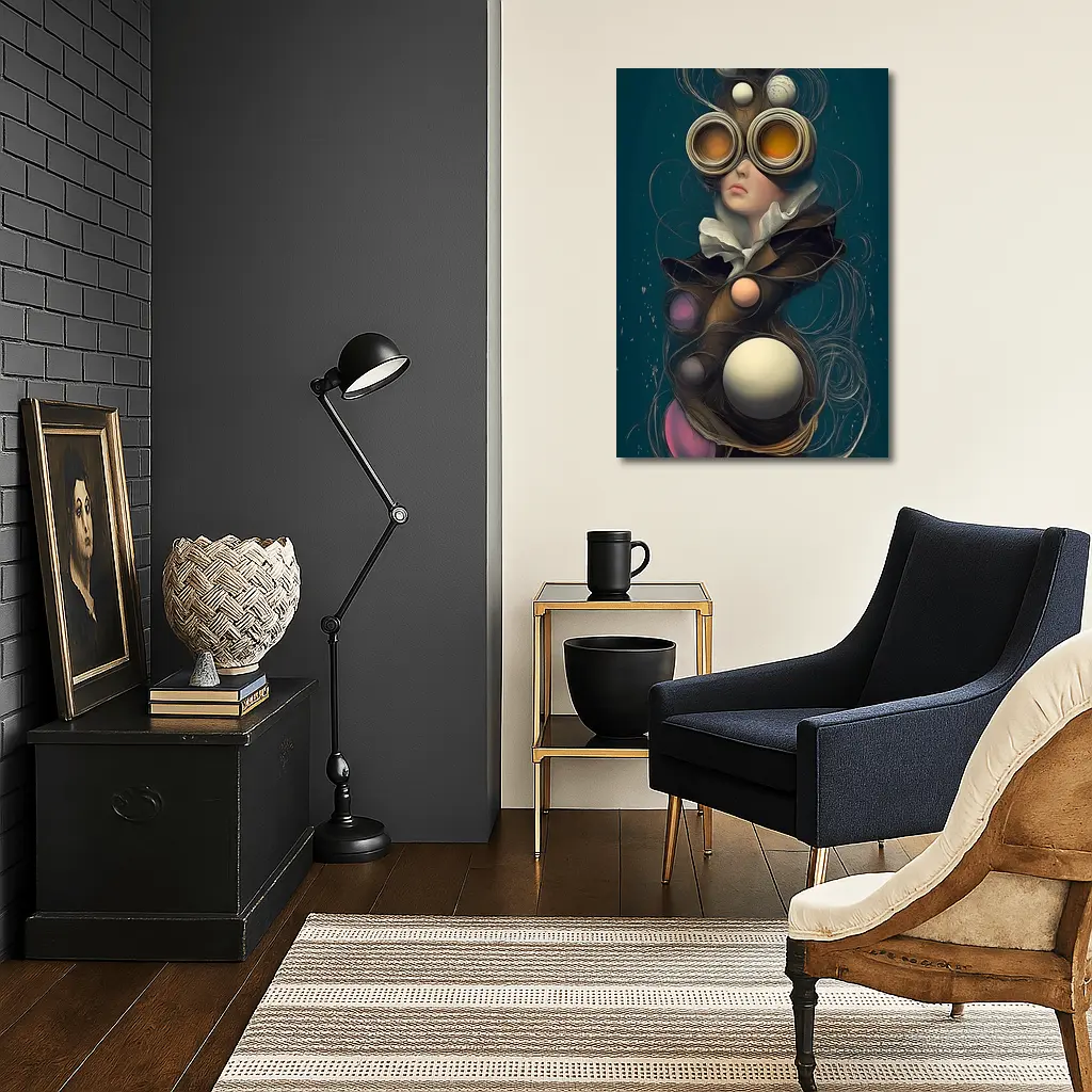 Surreal Woman Steampunk Goggles Teal Background – Wall Art