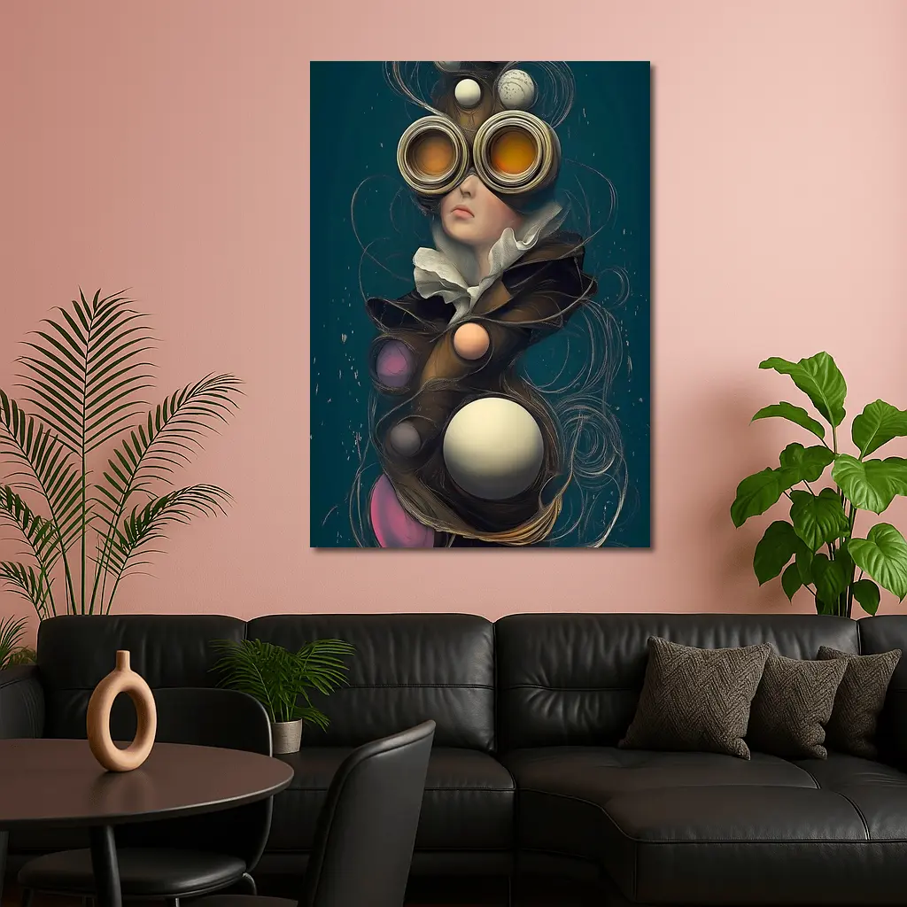 Surreal Woman Steampunk Goggles Teal Background – Wall Art