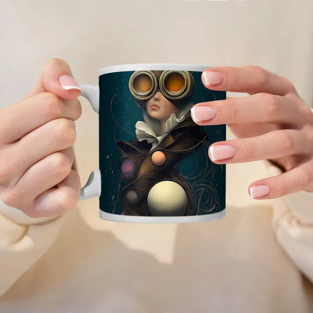 Surreal Woman Steampunk Goggles Teal Background – Mugs