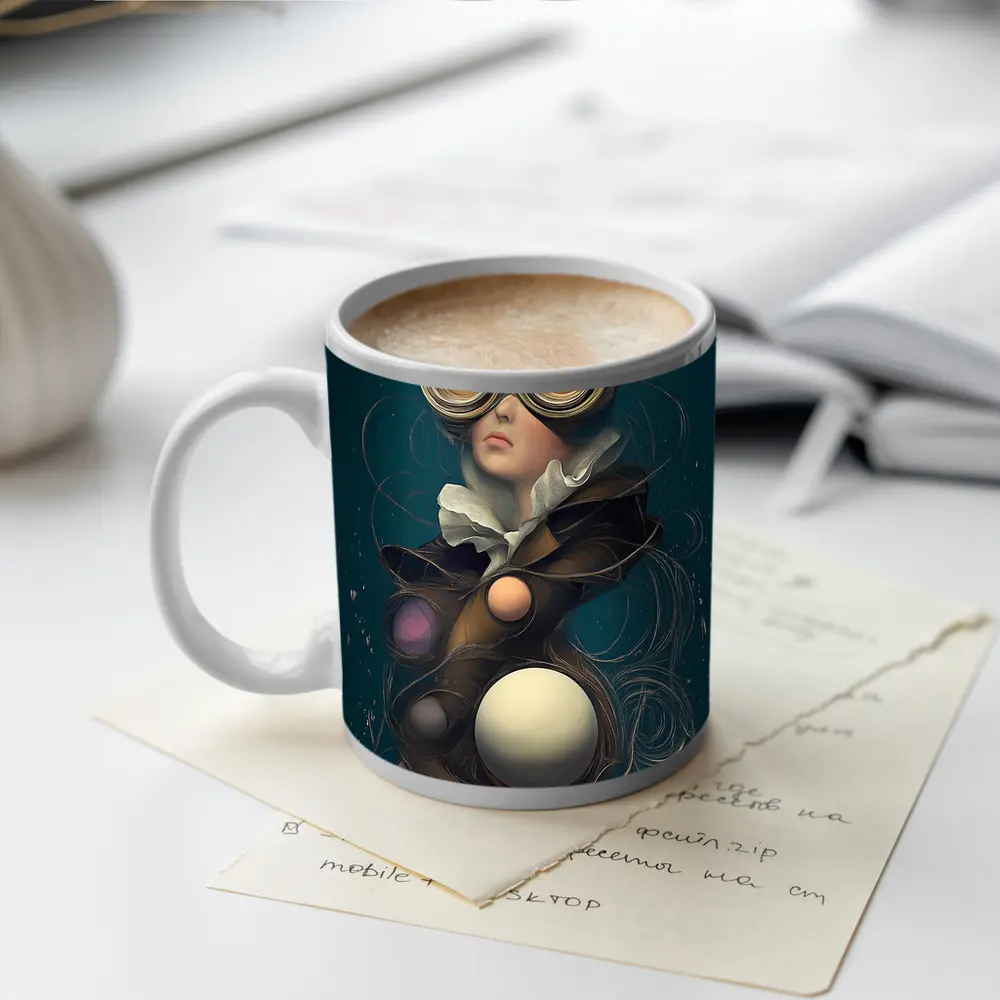 Surreal Woman Steampunk Goggles Teal Background – Mugs