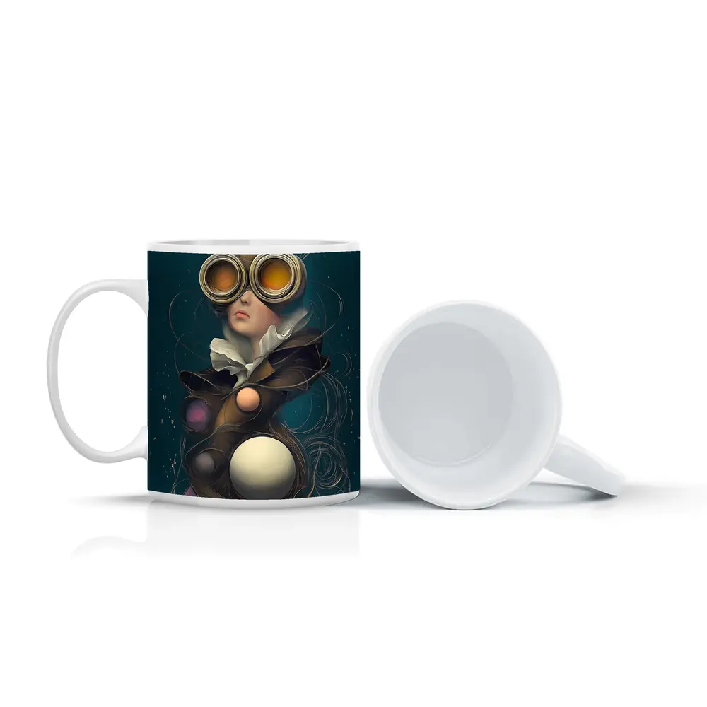 Surreal Woman Steampunk Goggles Teal Background – Mugs