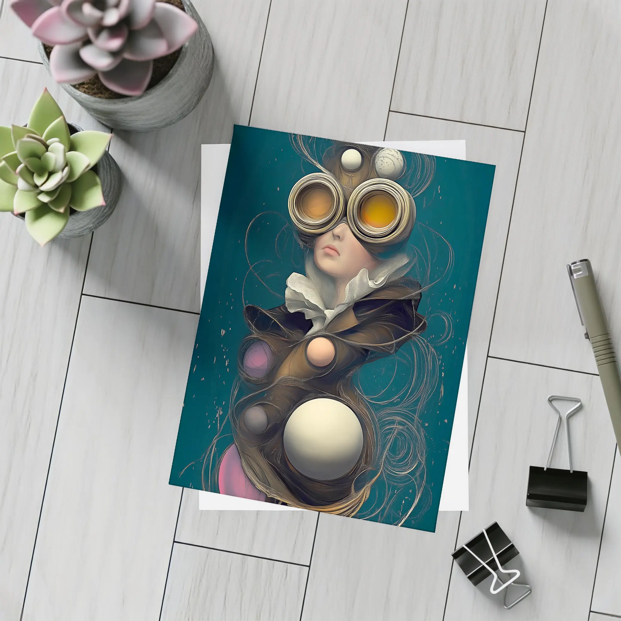 Surreal Woman Steampunk Goggles Teal Background – Postcards