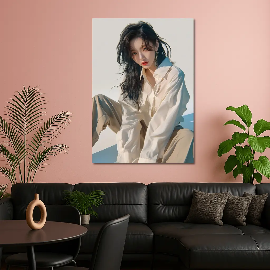 Korean Fashion Girl White Outfit Minimal Background – Wall Art