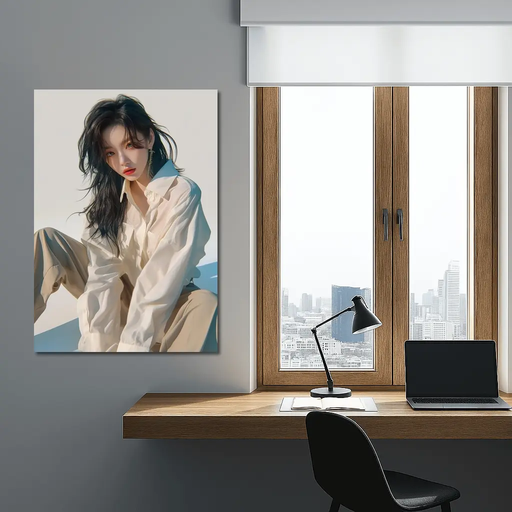 Korean Fashion Girl White Outfit Minimal Background – Wall Art