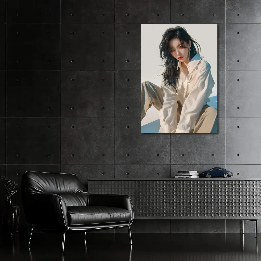 Korean Fashion Girl White Outfit Minimal Background – Wall Art