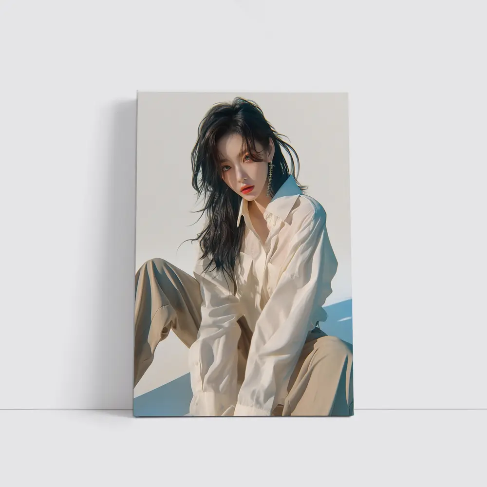 Korean Fashion Girl White Outfit Minimal Background – Wall Art