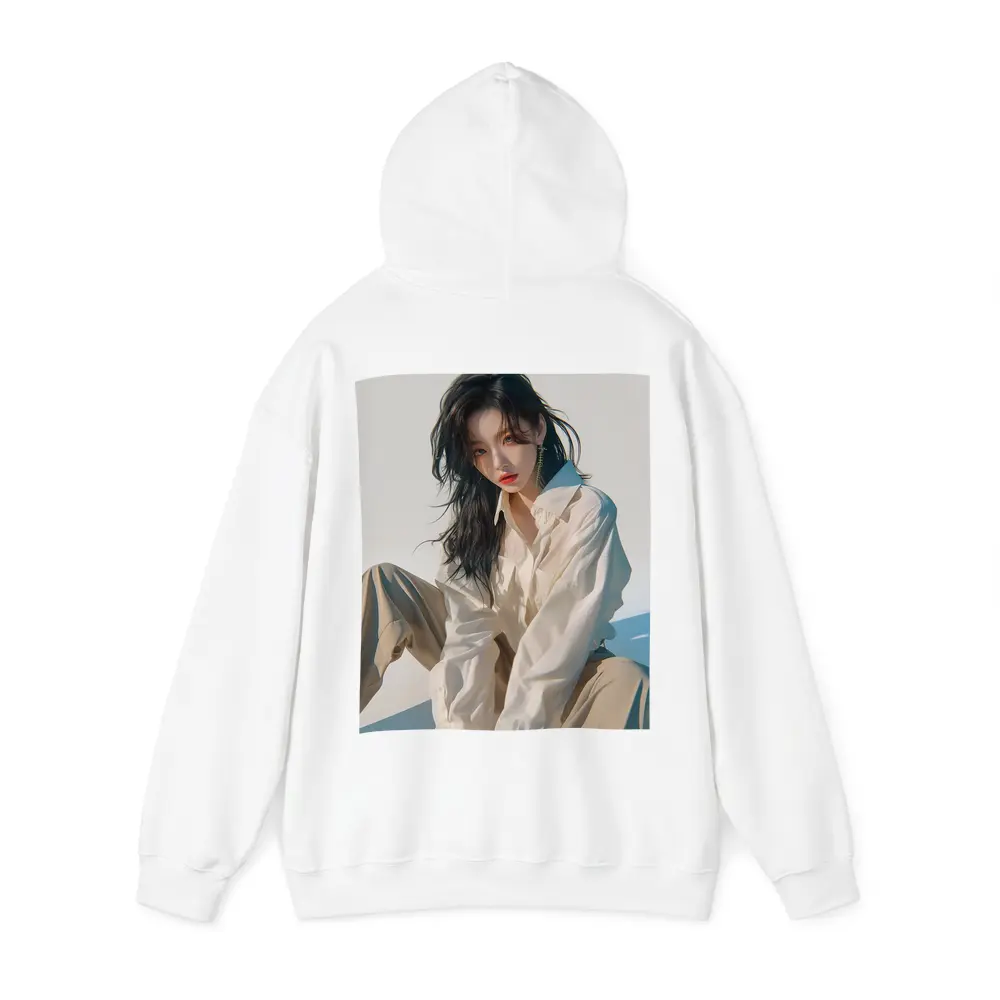 Korean Fashion Girl White Outfit Minimal Background – Hoodies