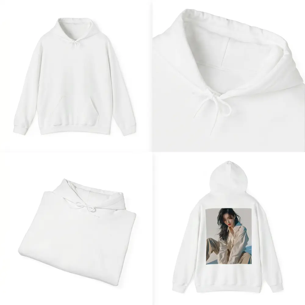 Korean Fashion Girl White Outfit Minimal Background – Hoodies