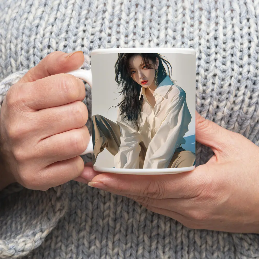 Korean Fashion Girl White Outfit Minimal Background – Mugs