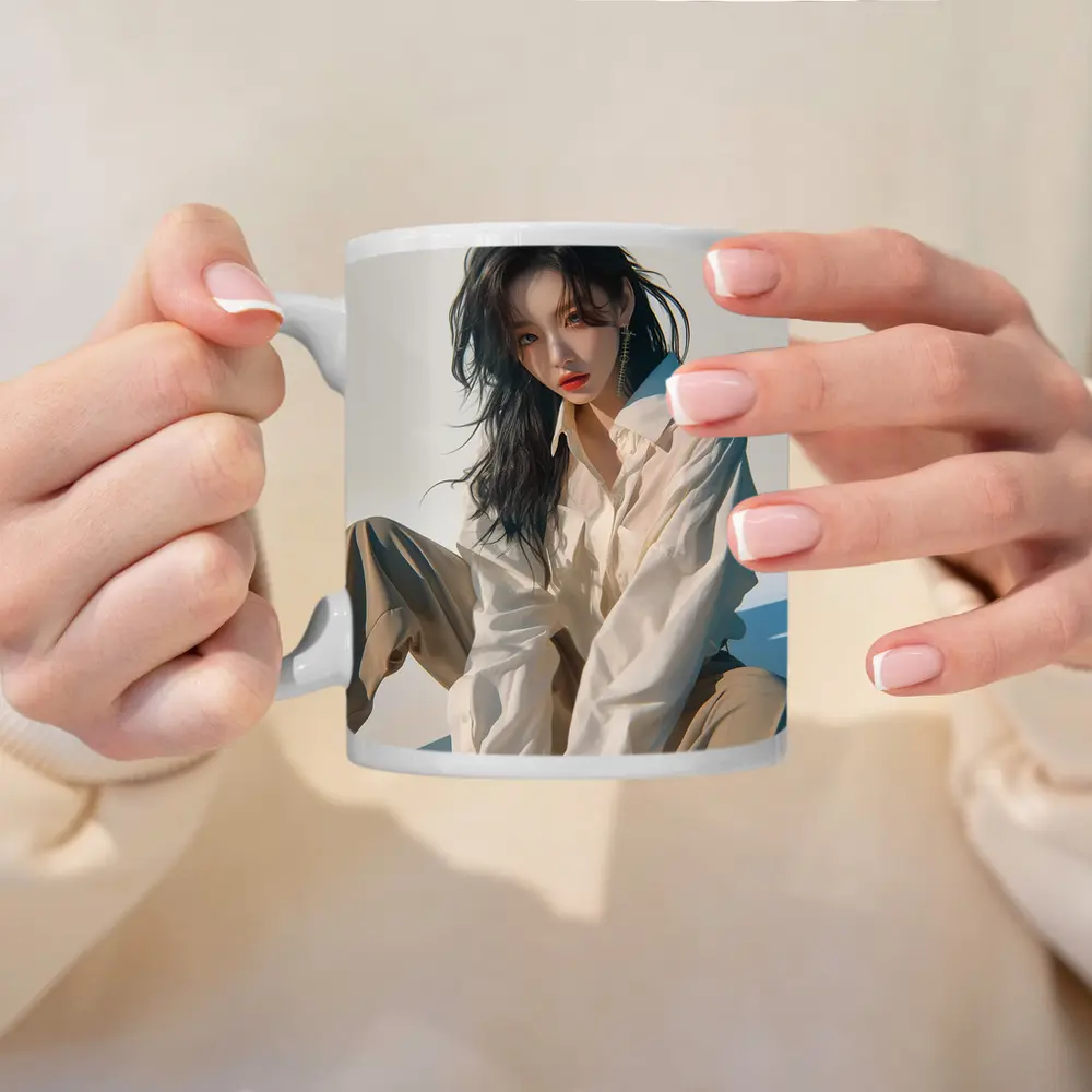 Korean Fashion Girl White Outfit Minimal Background – Mugs