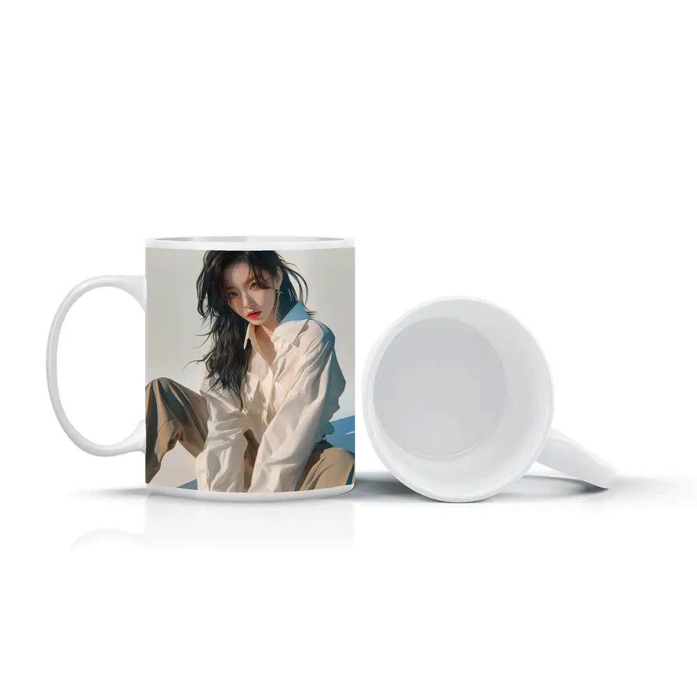 Korean Fashion Girl White Outfit Minimal Background – Mugs