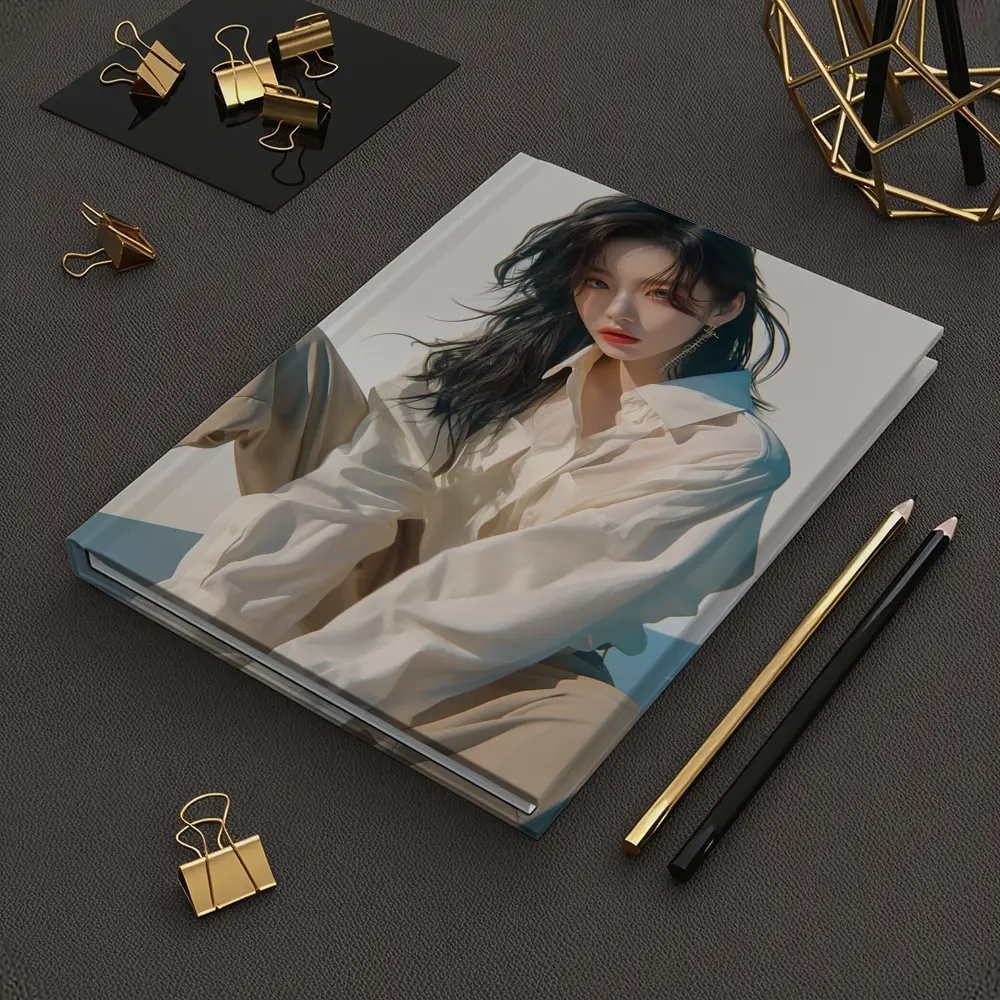 Korean Fashion Girl White Outfit Minimal Background – Notebooks