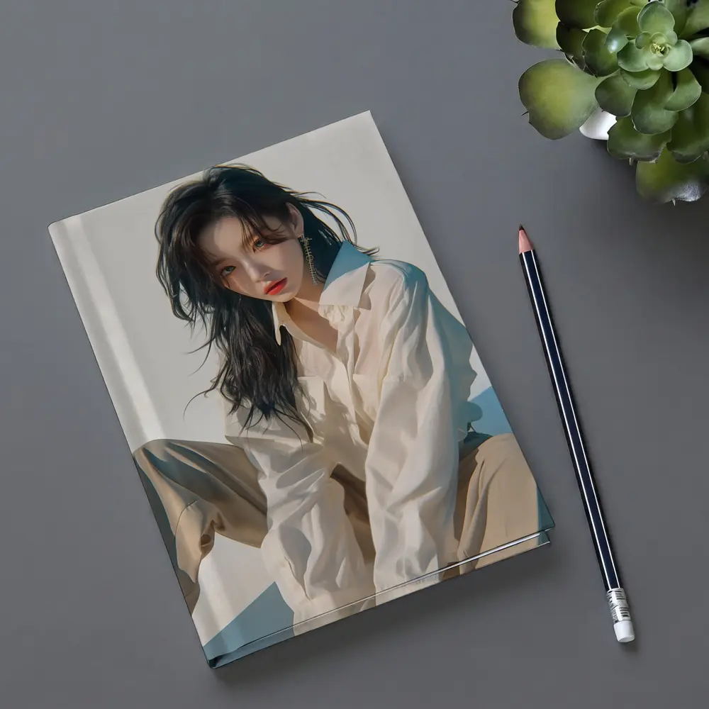 Korean Fashion Girl White Outfit Minimal Background – Notebooks