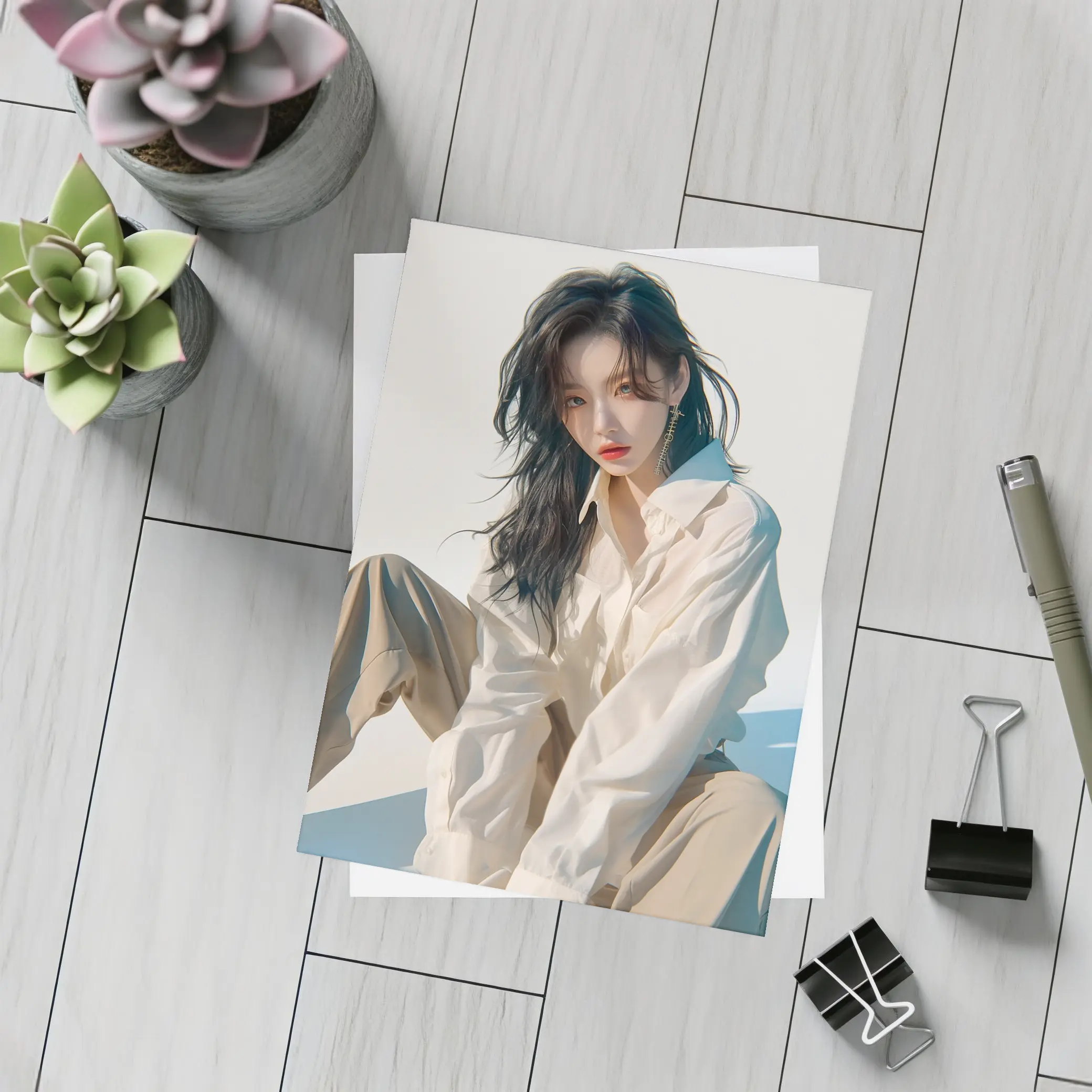 Korean Fashion Girl White Outfit Minimal Background – Postcards