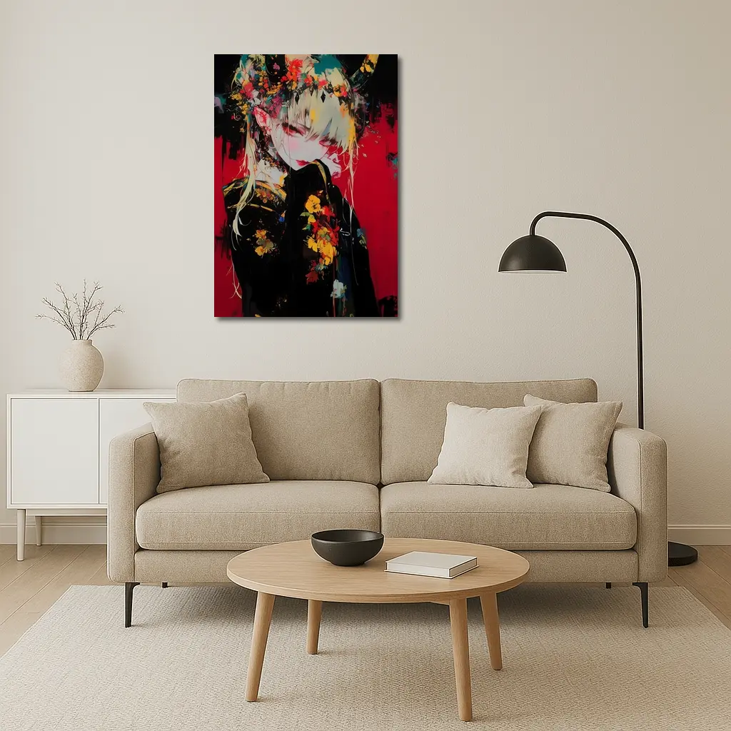 Anime Girl Horns Floral Dark Red Background – Wall Art