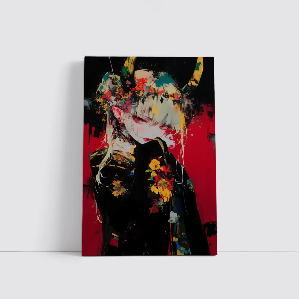 Anime Girl Horns Floral Dark Red Background – Wall Art