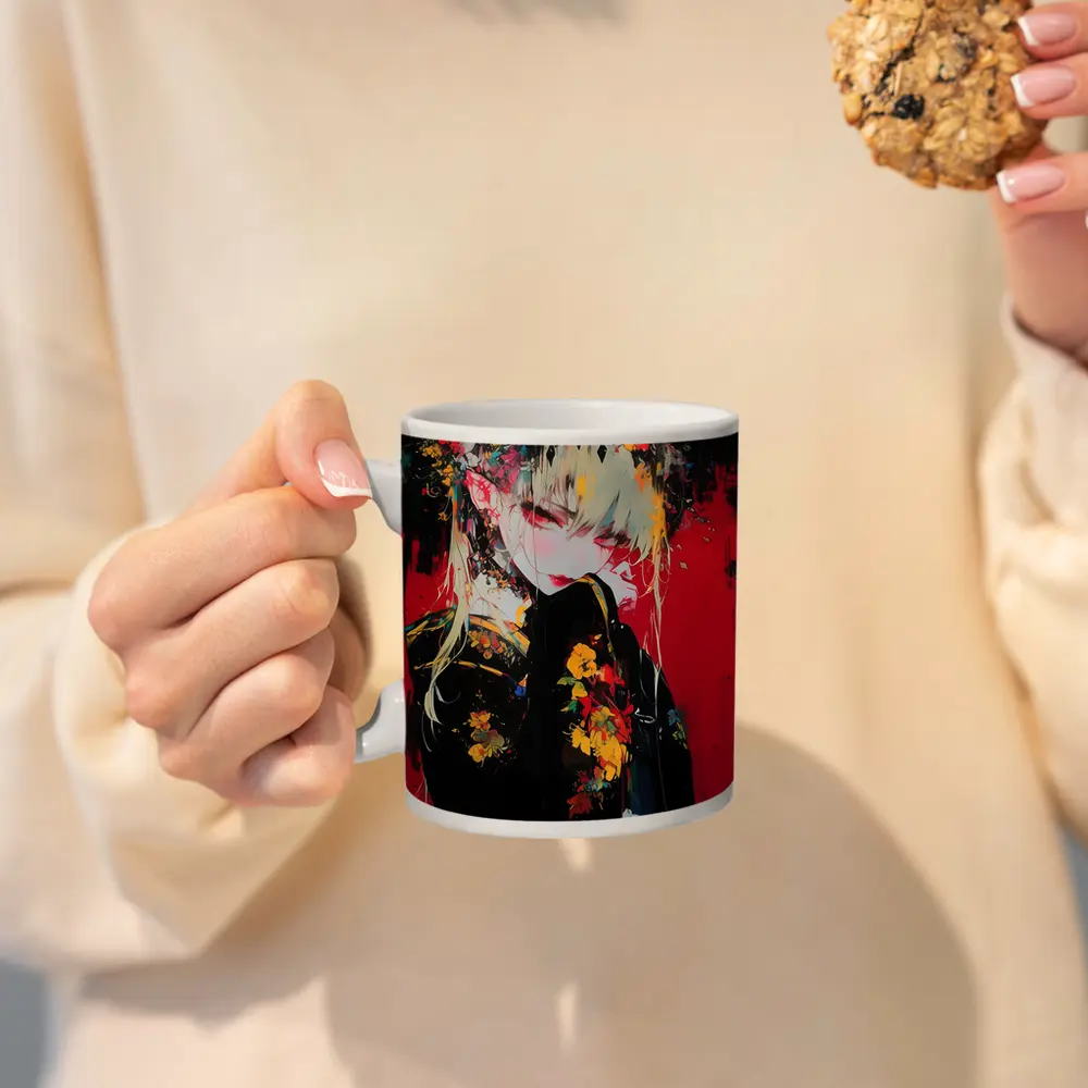 Anime Girl Horns Floral Dark Red Background – Mugs