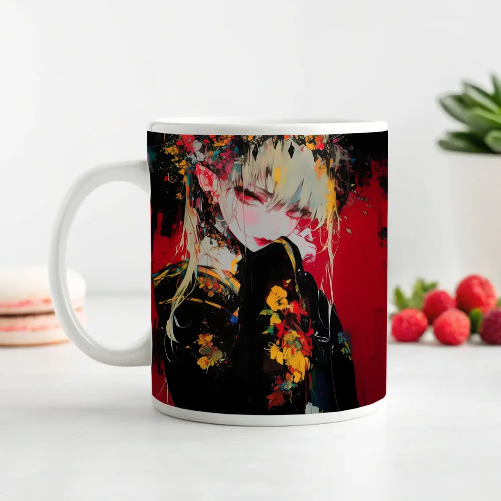 Anime Girl Horns Floral Dark Red Background – Mugs