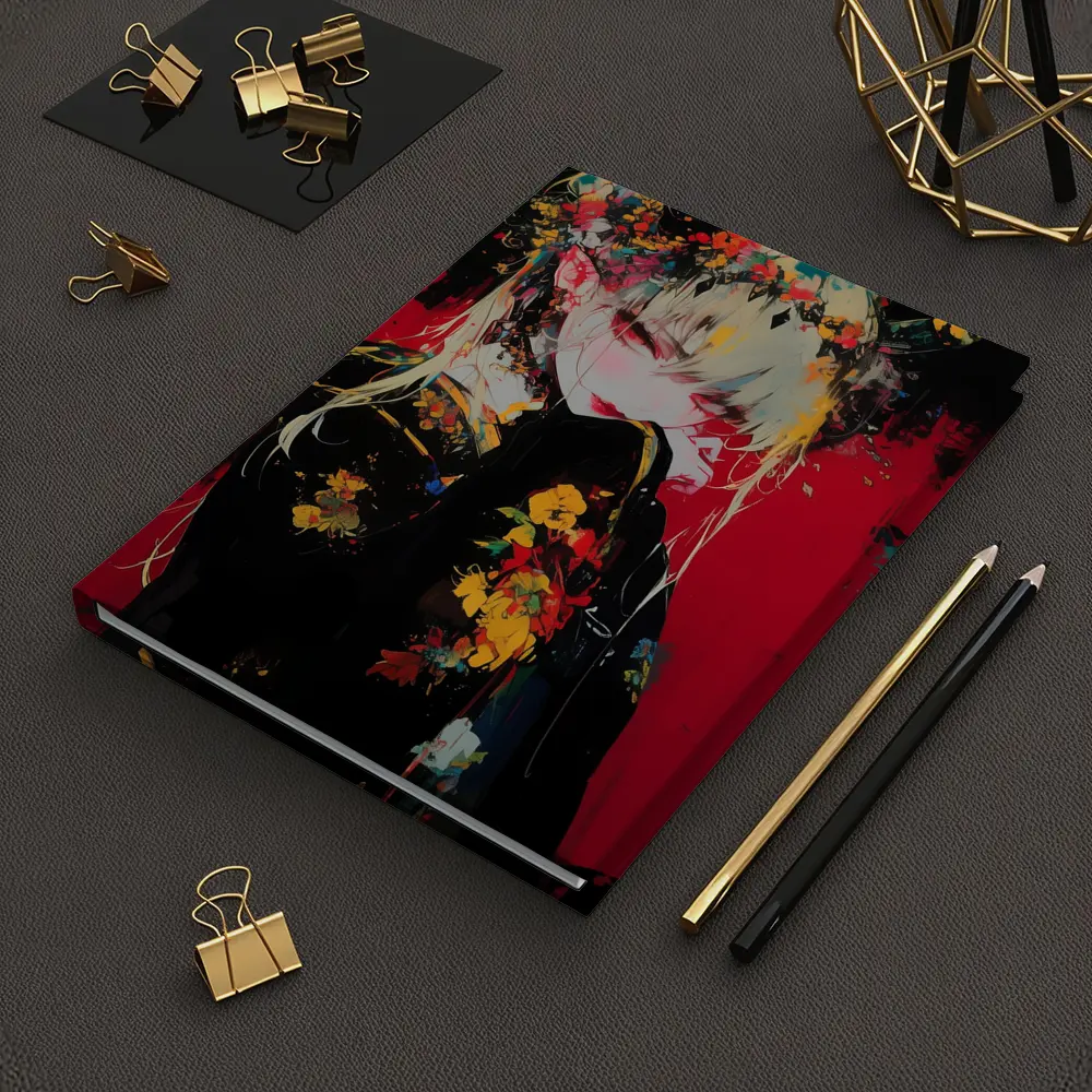 Anime Girl Horns Floral Dark Red Background – Notebooks