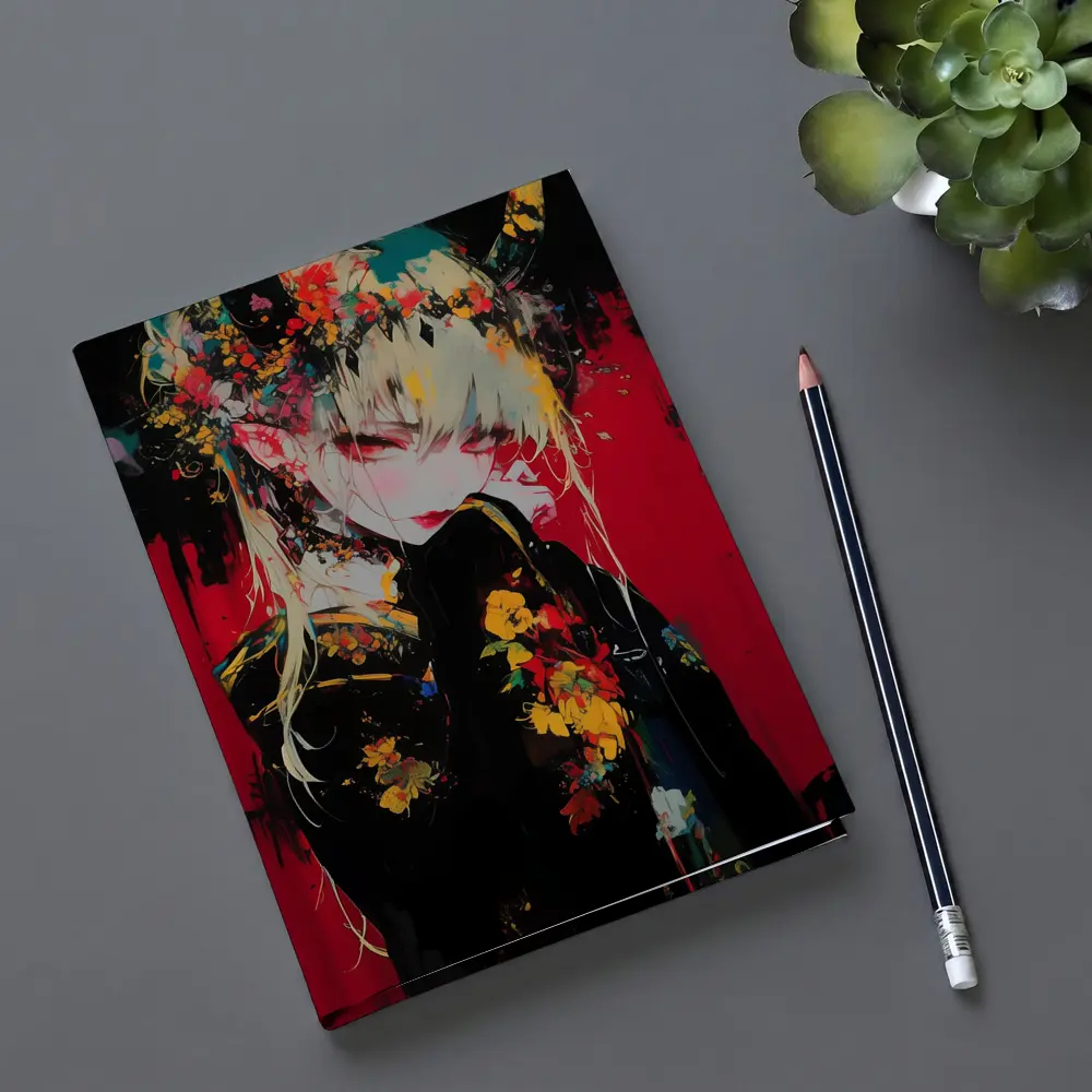 Anime Girl Horns Floral Dark Red Background – Notebooks