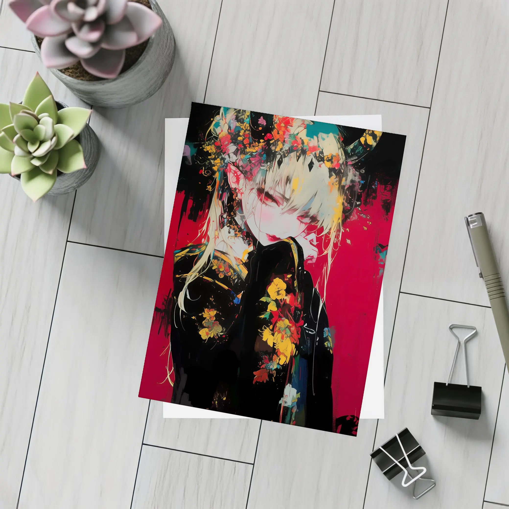 Anime Girl Horns Floral Dark Red Background – Postcards