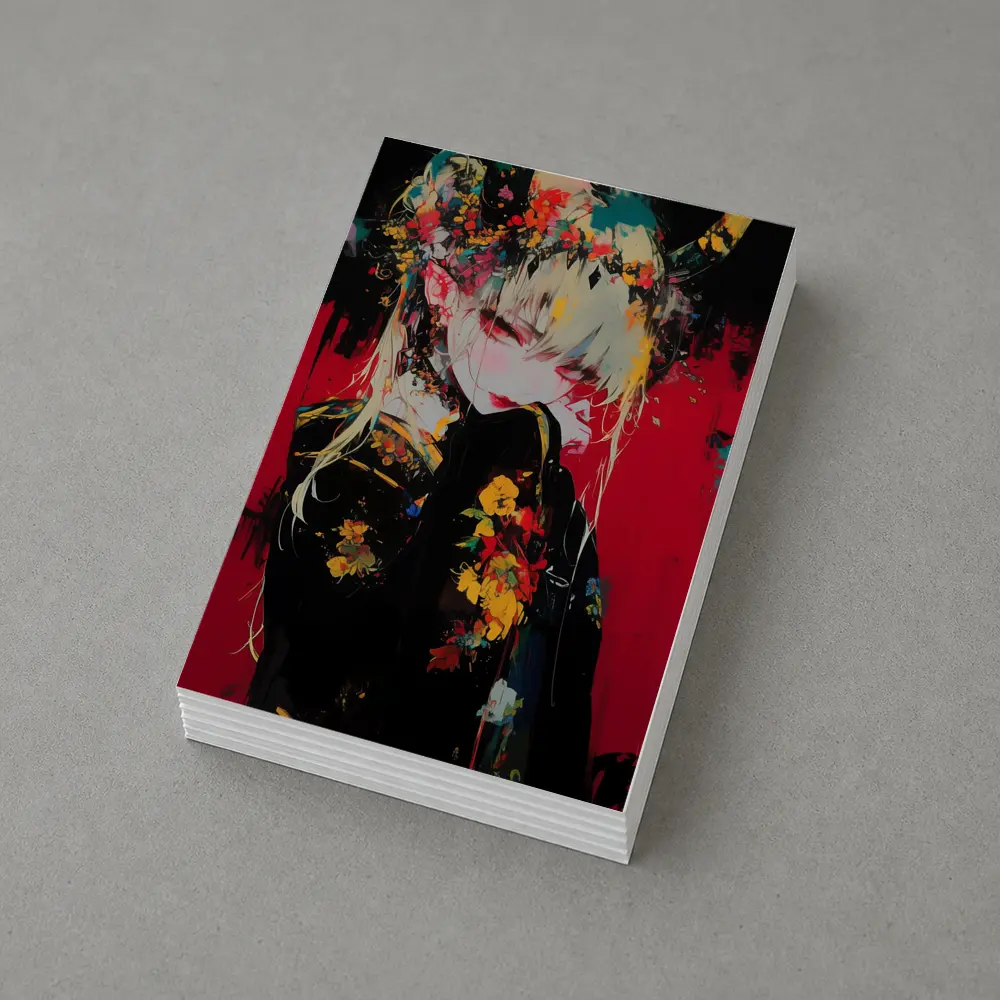 Anime Girl Horns Floral Dark Red Background – Postcards