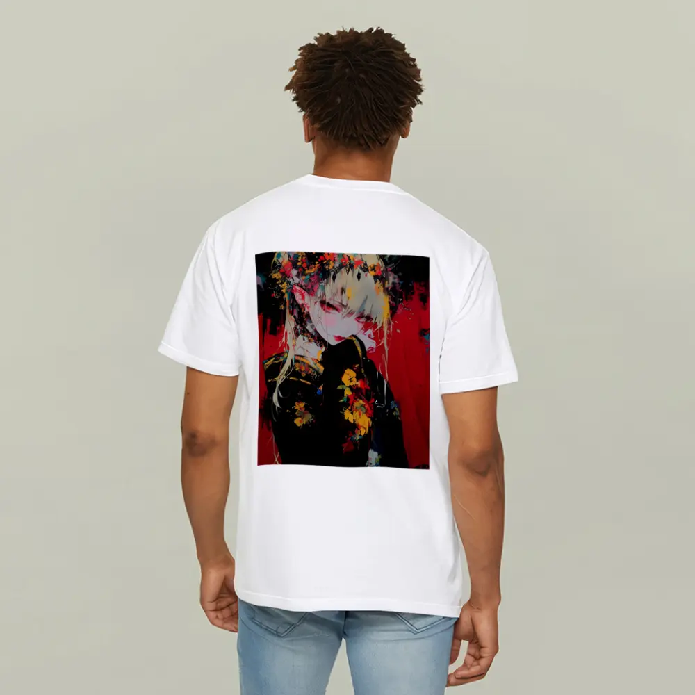 Anime Girl Horns Floral Dark Red Background – T-Shirts