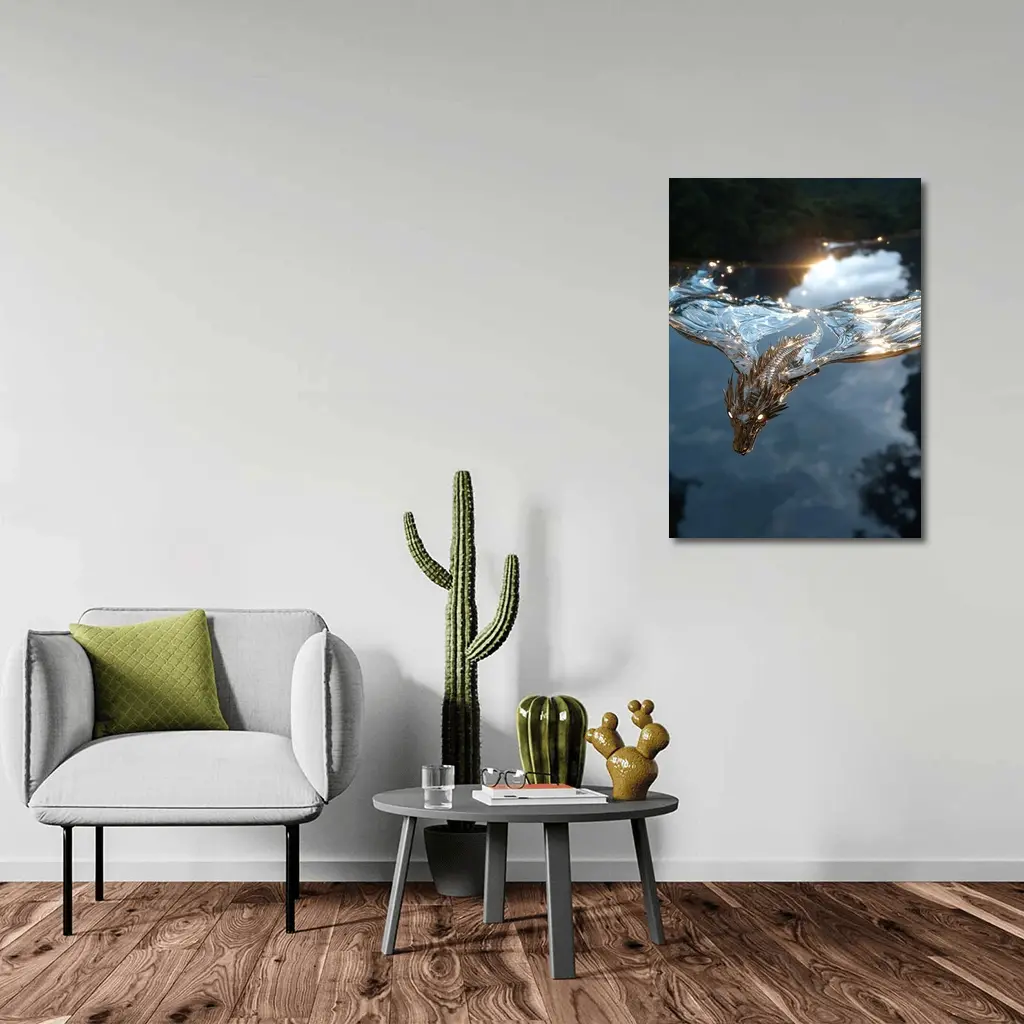 Silver Dragon Flying Over Reflective Water – Wall Art