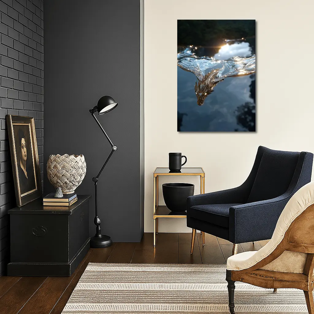 Silver Dragon Flying Over Reflective Water – Wall Art