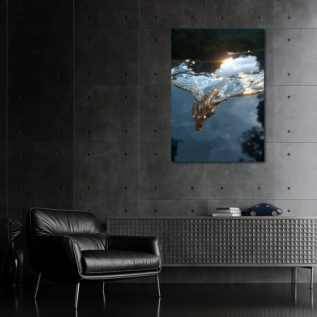 Silver Dragon Flying Over Reflective Water – Wall Art