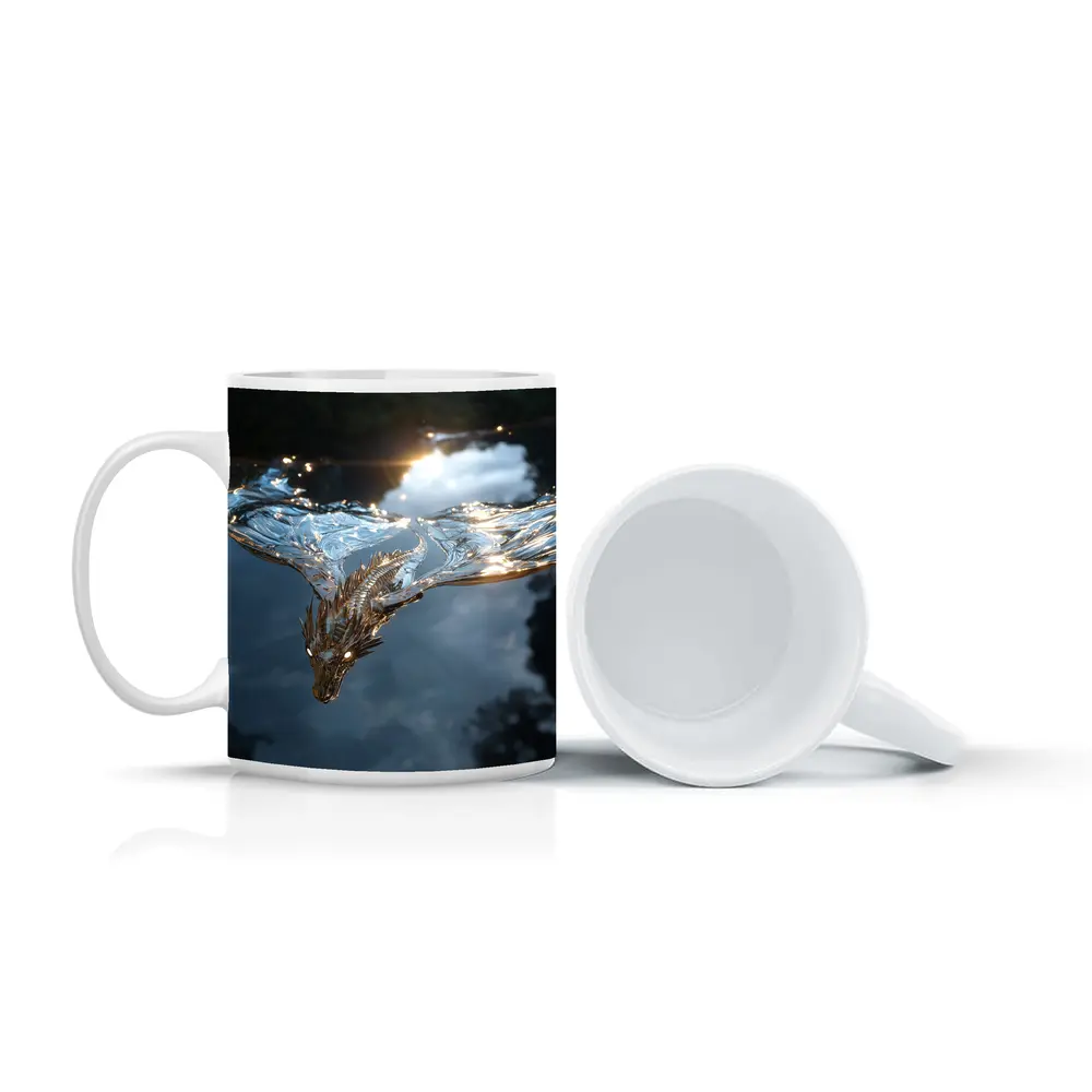 Silver Dragon Flying Over Reflective Water – Mugs