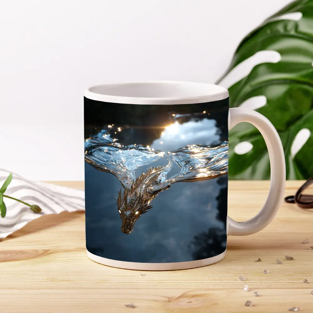 Silver Dragon Flying Over Reflective Water – Mugs