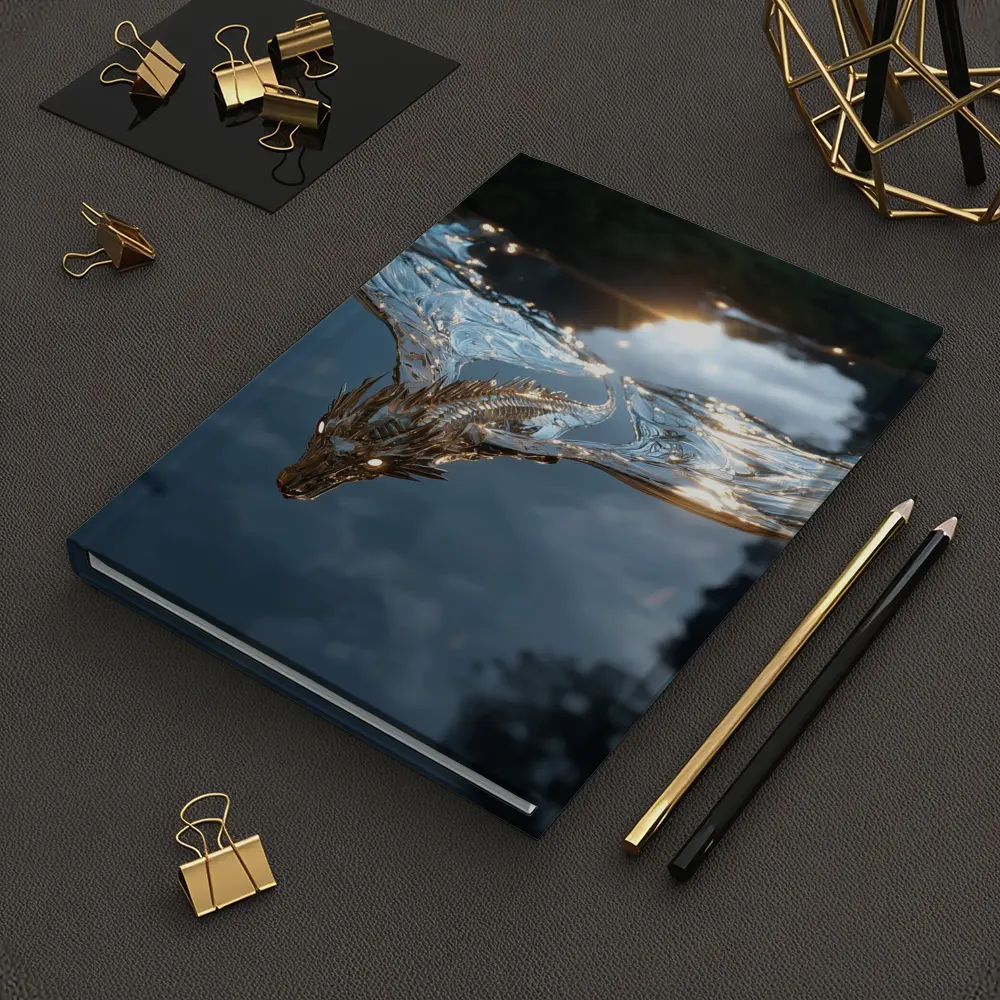 Silver Dragon Flying Over Reflective Water – Notebooks