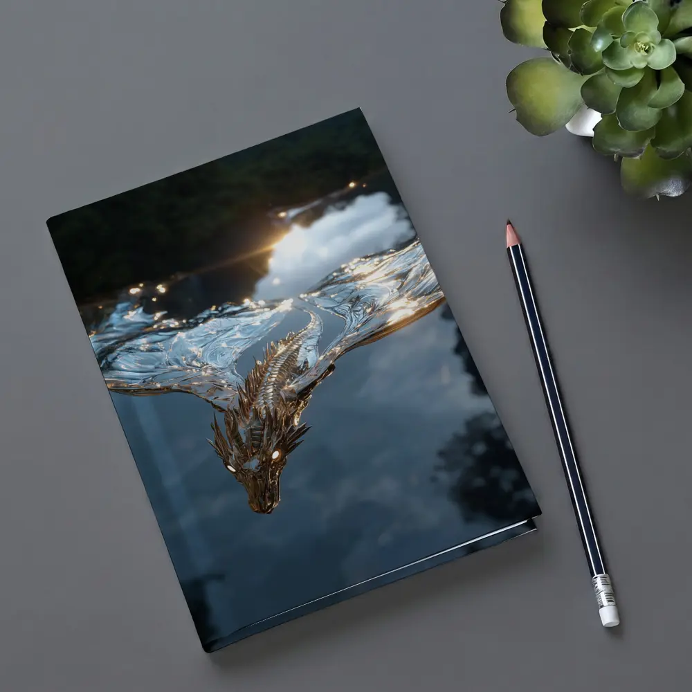 Silver Dragon Flying Over Reflective Water – Notebooks