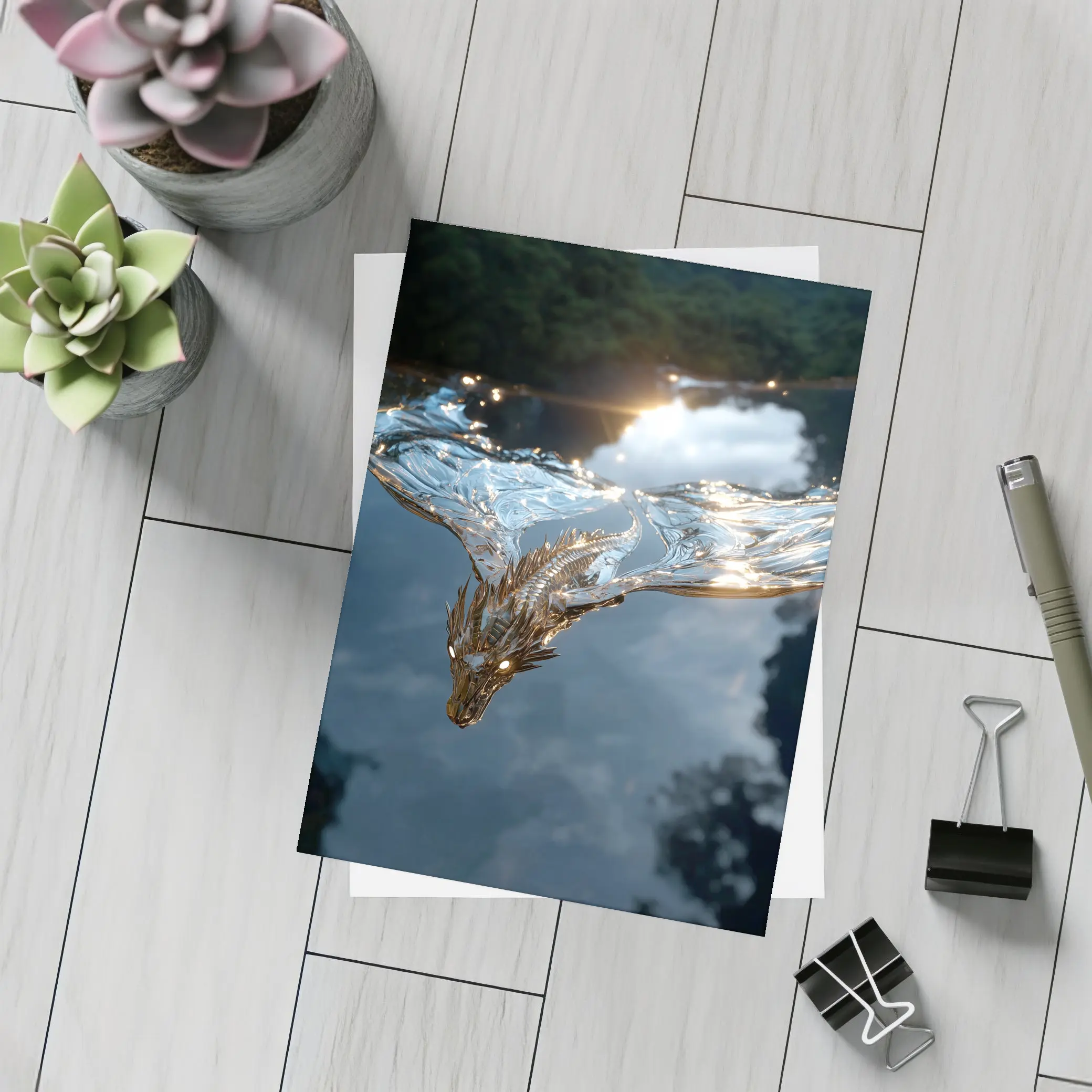 Silver Dragon Flying Over Reflective Water – Postcards