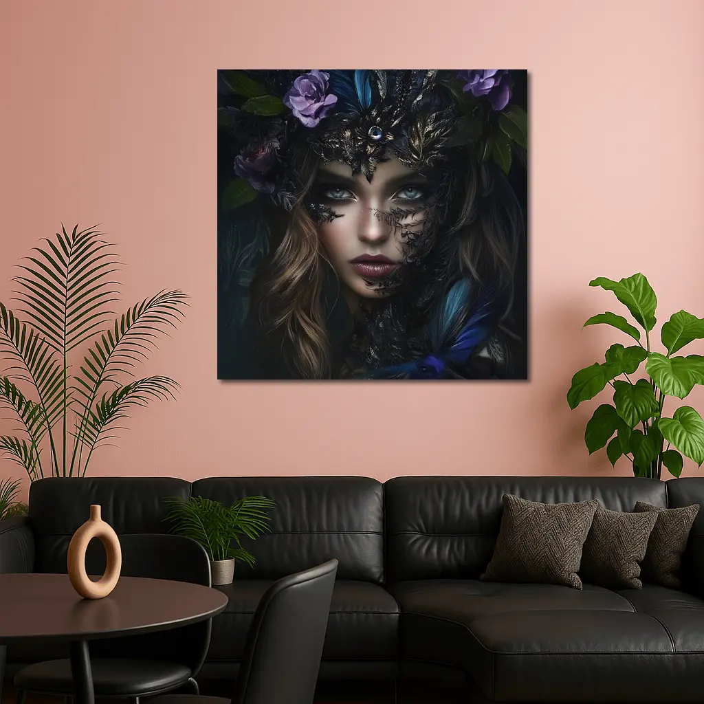 Dark Fantasy Woman With Floral Crown Portrait – Wall Art
