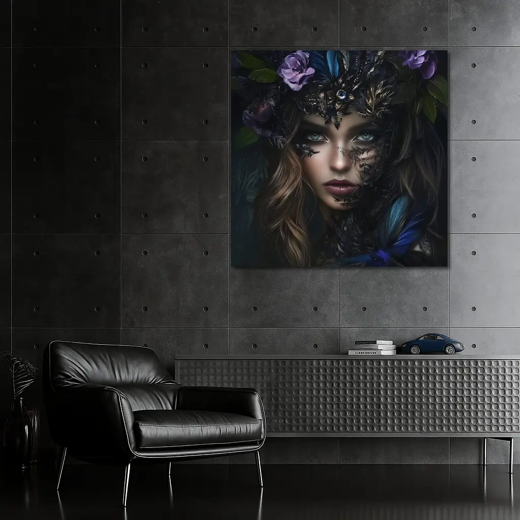 Dark Fantasy Woman With Floral Crown Portrait – Wall Art