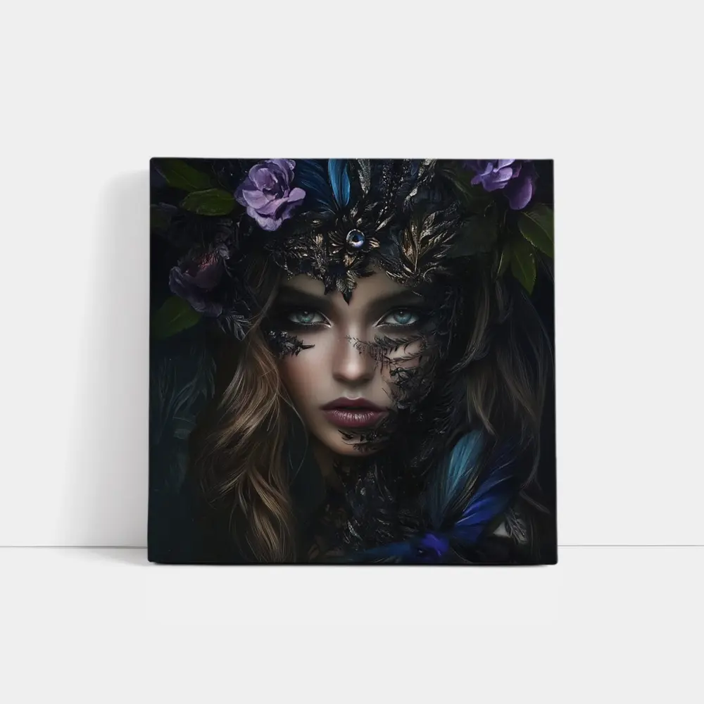 Dark Fantasy Woman With Floral Crown Portrait – Wall Art