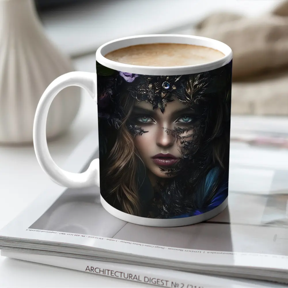Dark Fantasy Woman With Floral Crown Portrait – Mugs
